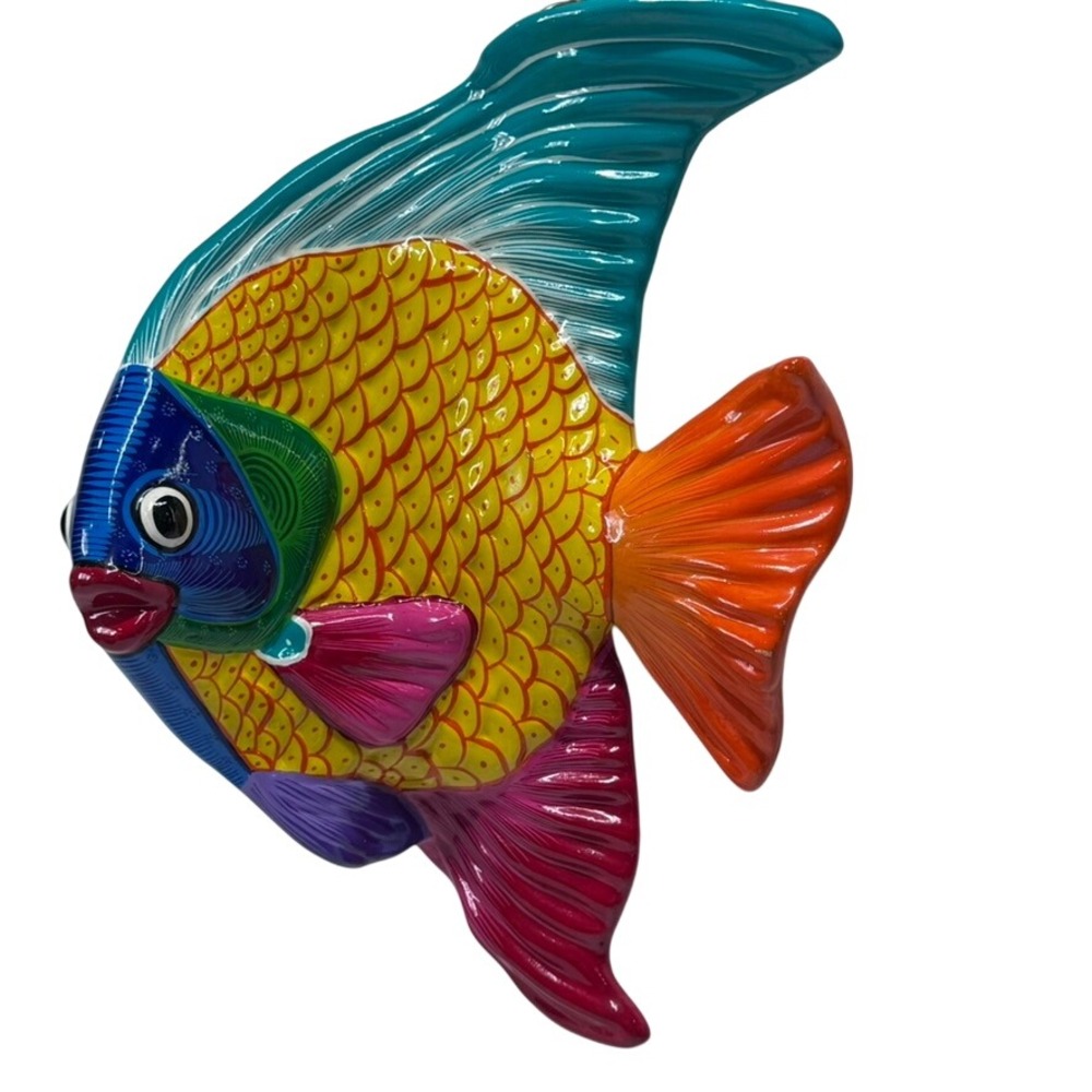 Vintage Ceramic Colorful Wall Decor Hanging Tropical Fish‎ Hand Painted Folk Art